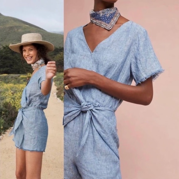 🆕 Anthropologie Sanctuary Linen Montana Tie Front Chambray Romper - Picture 3 of 10